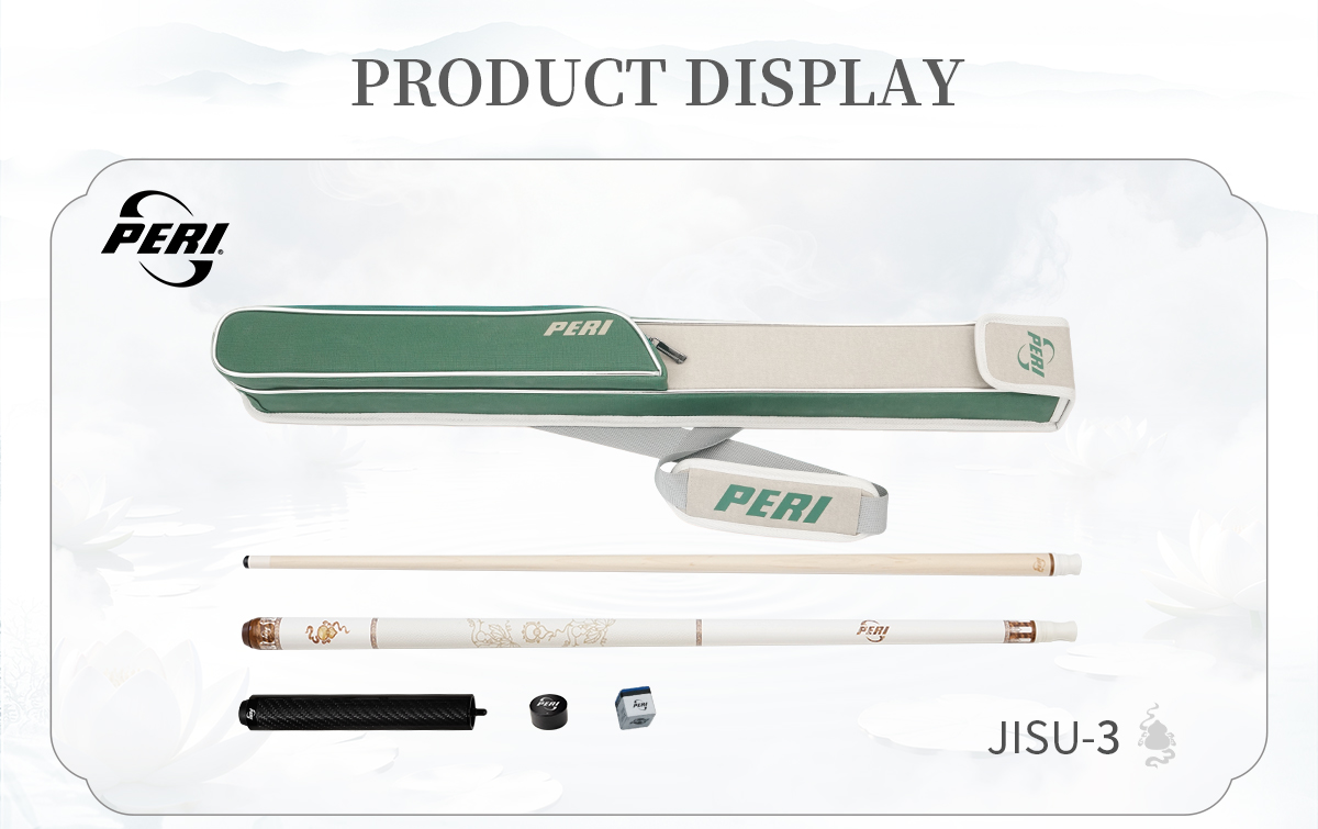 Your Complete Performance Package. The PERI JISU 3, presented with its dedicated case and accessories, represents a ready-to-play professional setup, showcasing the elegance and readiness of a premium handmade pool cue.