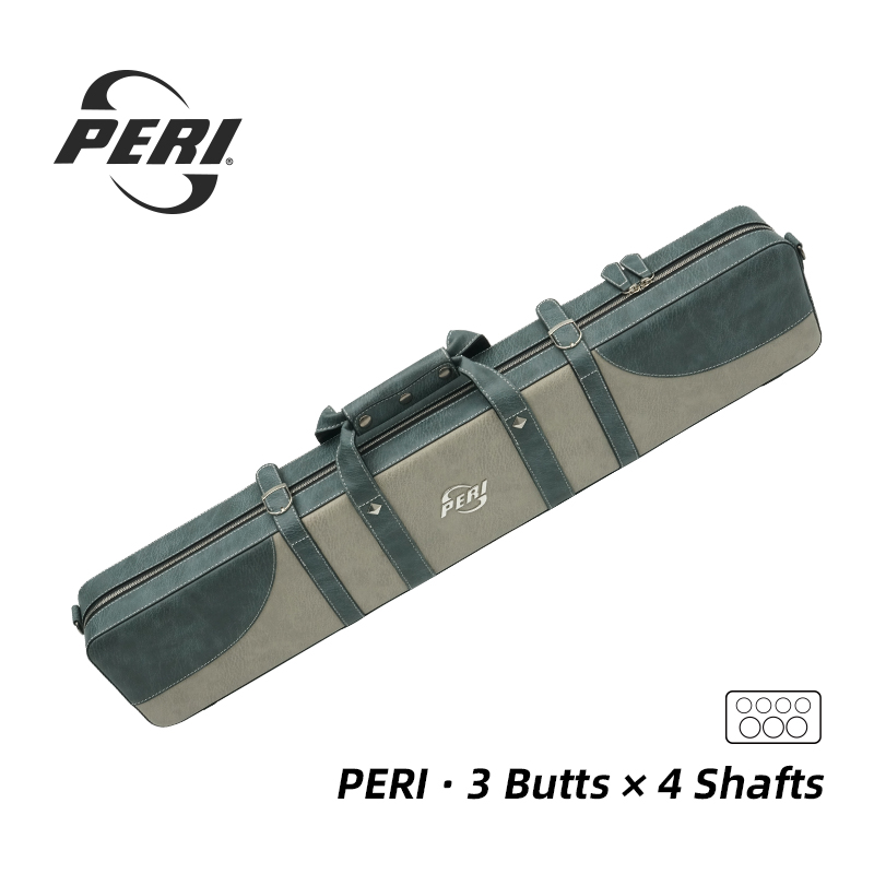 Built for Capacity and Care. Clearly marked with “3 Butts × 4 Shafts,” this PERI cue bag is engineered with dedicated compartments to organize and protect your valuable cues during transit.