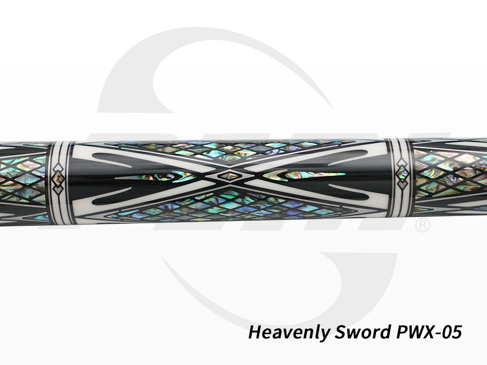 Featuring intricate geometric inlays on a sleek black finish, this top quality pool cue showcases a modern design inspired by the sword's legendary precision.