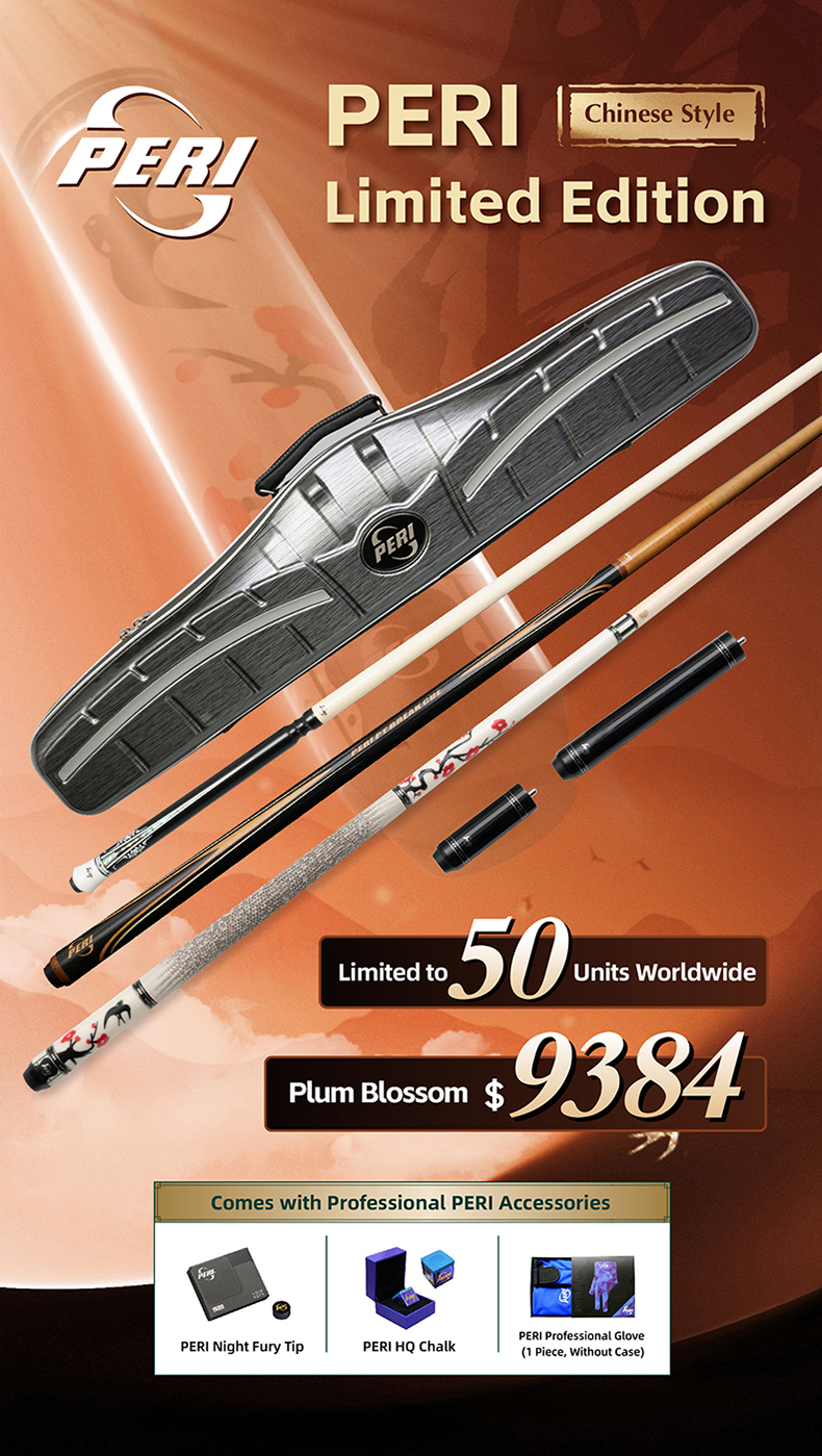 The complete Chinese Style limited edition set. Valued at $9,384, this premium pool cues collection includes the main cue, break cue, jump cue, and a full suite of professional PERI accessories.