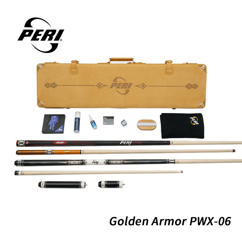 A set that defines the high-end pool experience.
The Golden Armor PWX-06 high end custom pool cues set, including the main cue, accessories, and a luxurious case, provides a complete solution from performance to taste
for professional players and collectors.