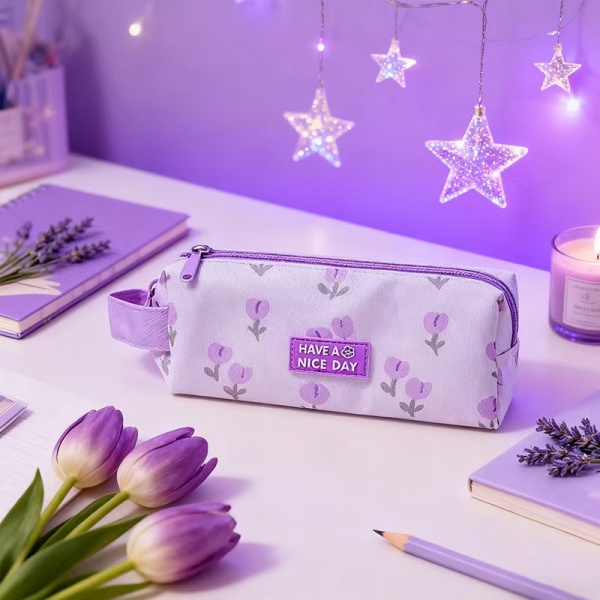 Octagonal Pencil Case - Purple Small Floral Print