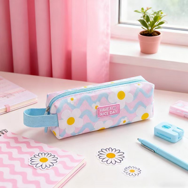 Octagonal Pencil Case - Blue - Pink Striped Base with Floral Print