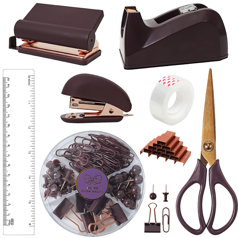 Business - Colored Office Set for Professional Use: Stapler, Clips, Scissors & Tape Holder