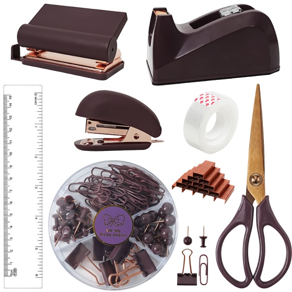 Business - Colored Office Set for Professional Use: Stapler, Clips, Scissors & Tape Holder