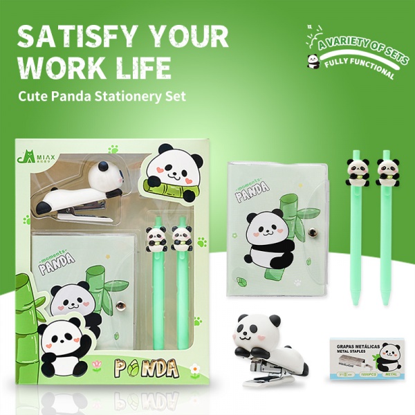 Panda-Themed Stationery Set: Stapler, Staples, Notebook, Pen