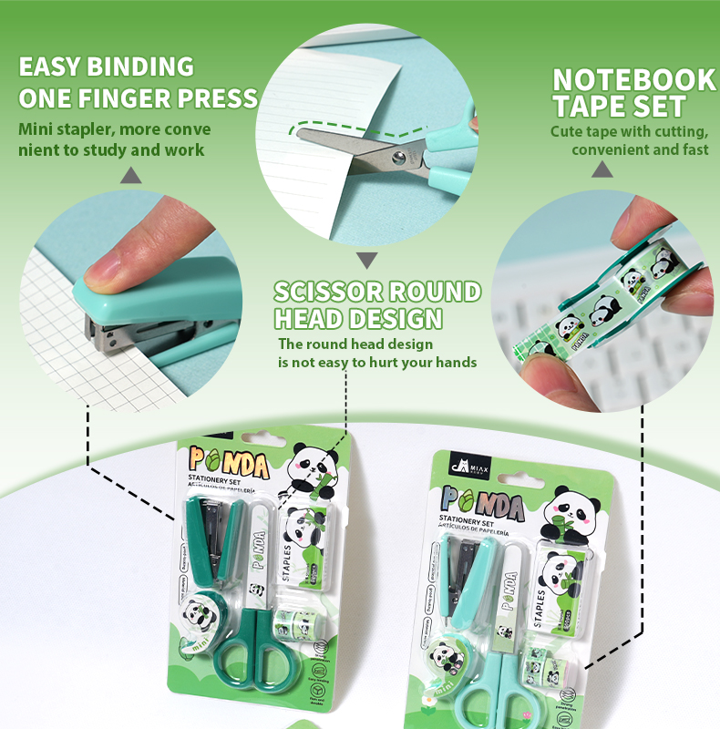 Panda-Themed Stationery Set: Scissors, Stapler, Staples