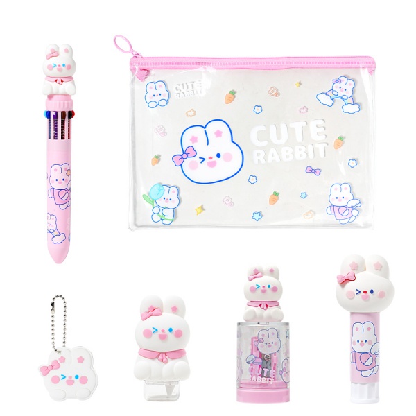 Rabbit-Themed Stationery Set: Pen, Correction Tape, Pencil Sharpener, Glue Stick