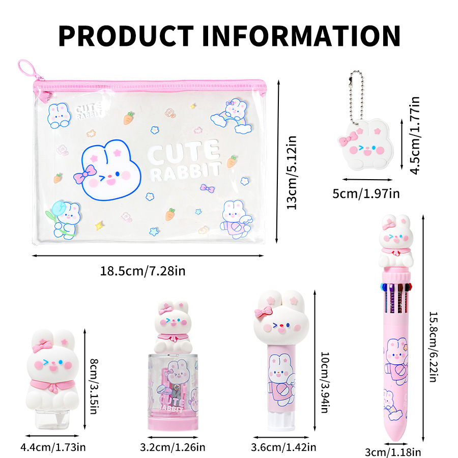 Rabbit-Themed Stationery Set: Pen, Correction Tape, Pencil Sharpener, Glue Stick