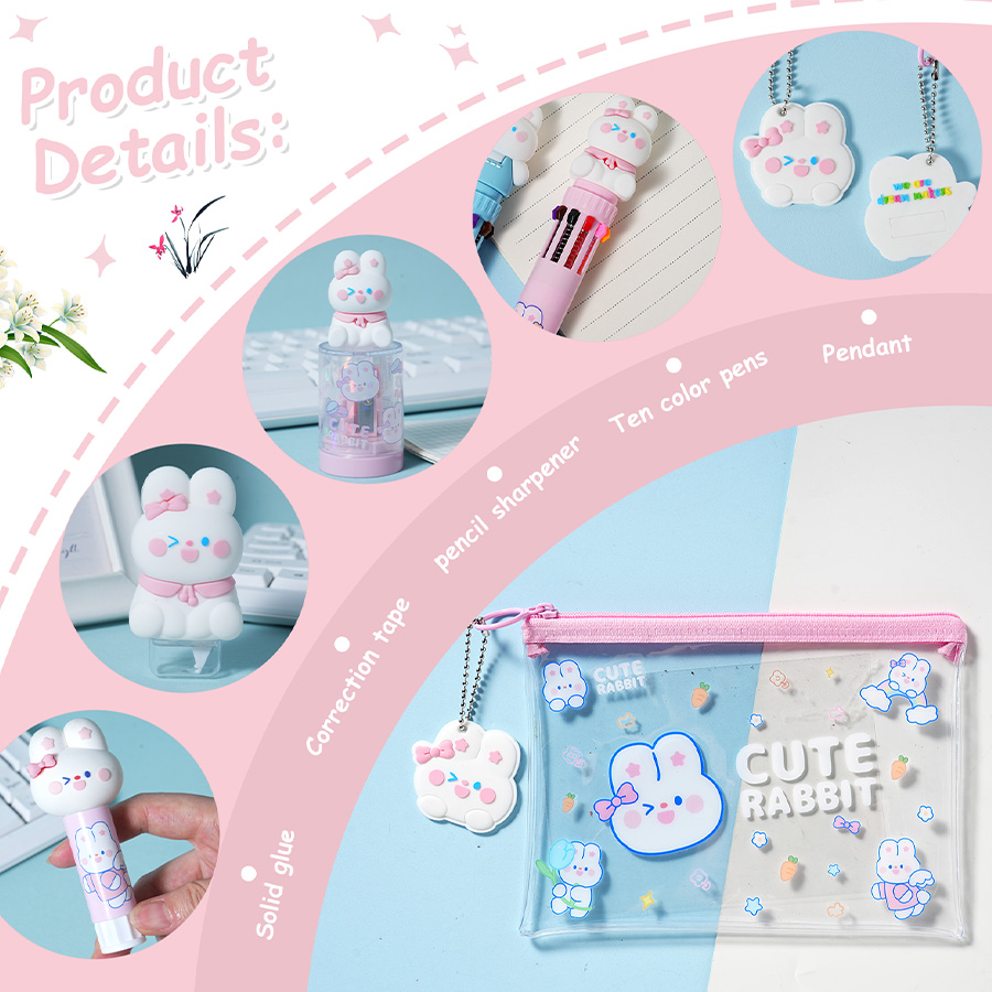 Rabbit-Themed Stationery Set: Pen, Correction Tape, Pencil Sharpener, Glue Stick