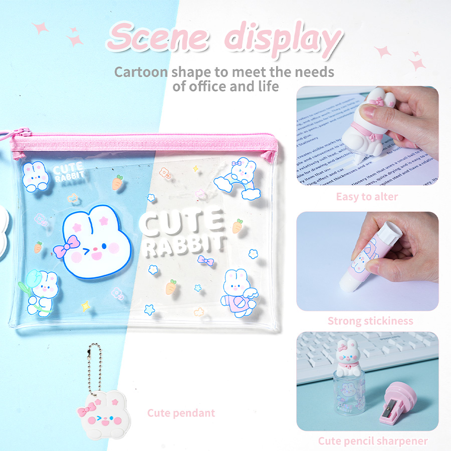 Rabbit-Themed Stationery Set: Pen, Correction Tape, Pencil Sharpener, Glue Stick