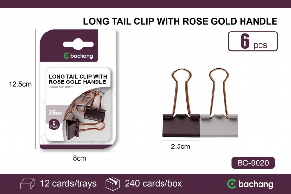 Business color rose gold handle long tail clip 25mm （6 pieces）
