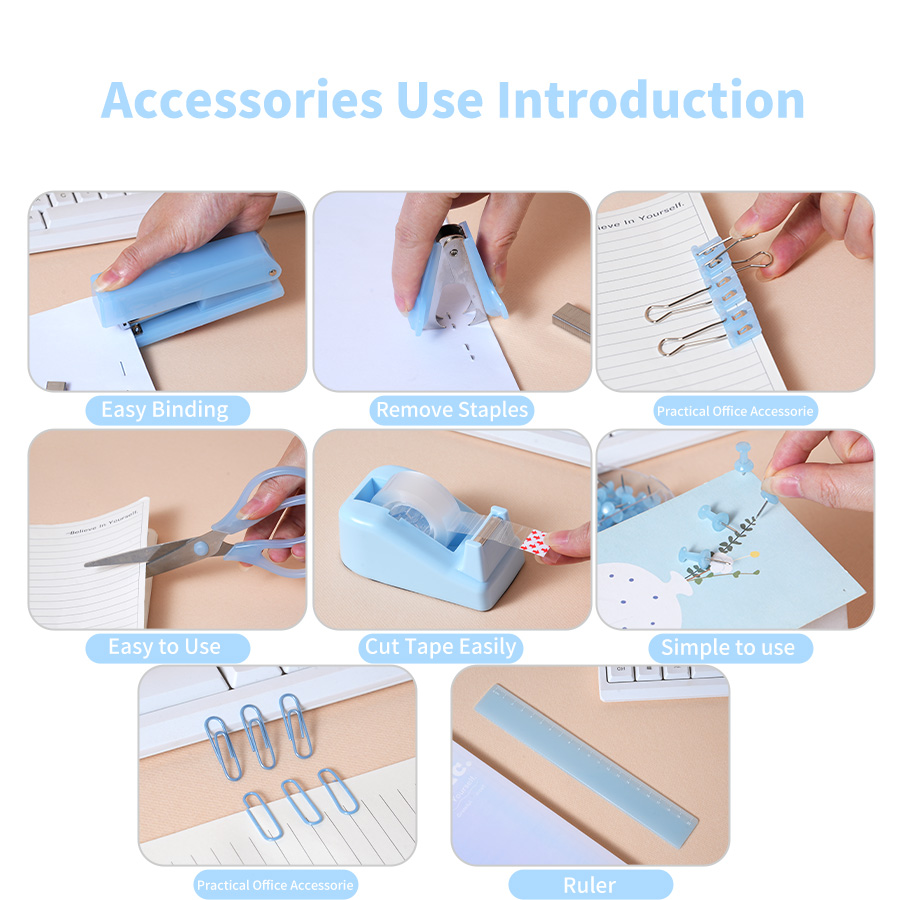 Jade Color Office Essential Set: Stapler, Tape Holder, Scissors & Staple Remover