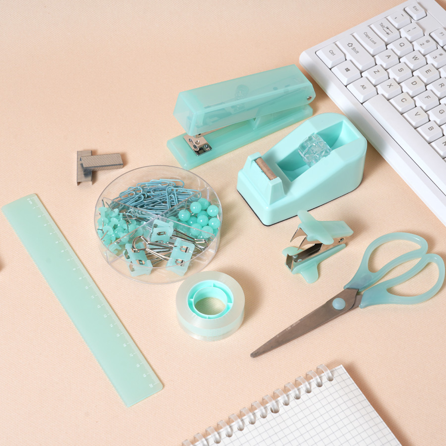 Jade-Toned Stationery Set - 5-in-1 Office Kit  Stapler, Ruler & More