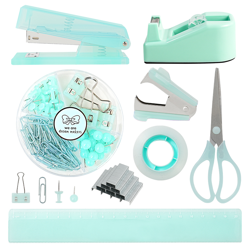 Jade-Toned Stationery Set - 5-in-1 Office Kit  Stapler, Ruler & More