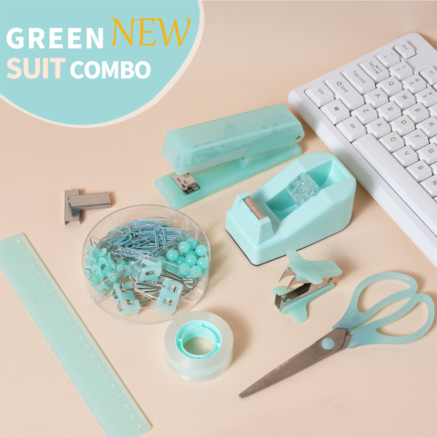 Jade-Toned Stationery Set - 5-in-1 Office Kit  Stapler, Ruler & More