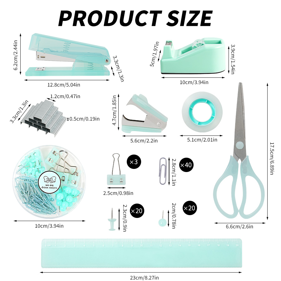 Jade-Toned Stationery Set - 5-in-1 Office Kit  Stapler, Ruler & More
