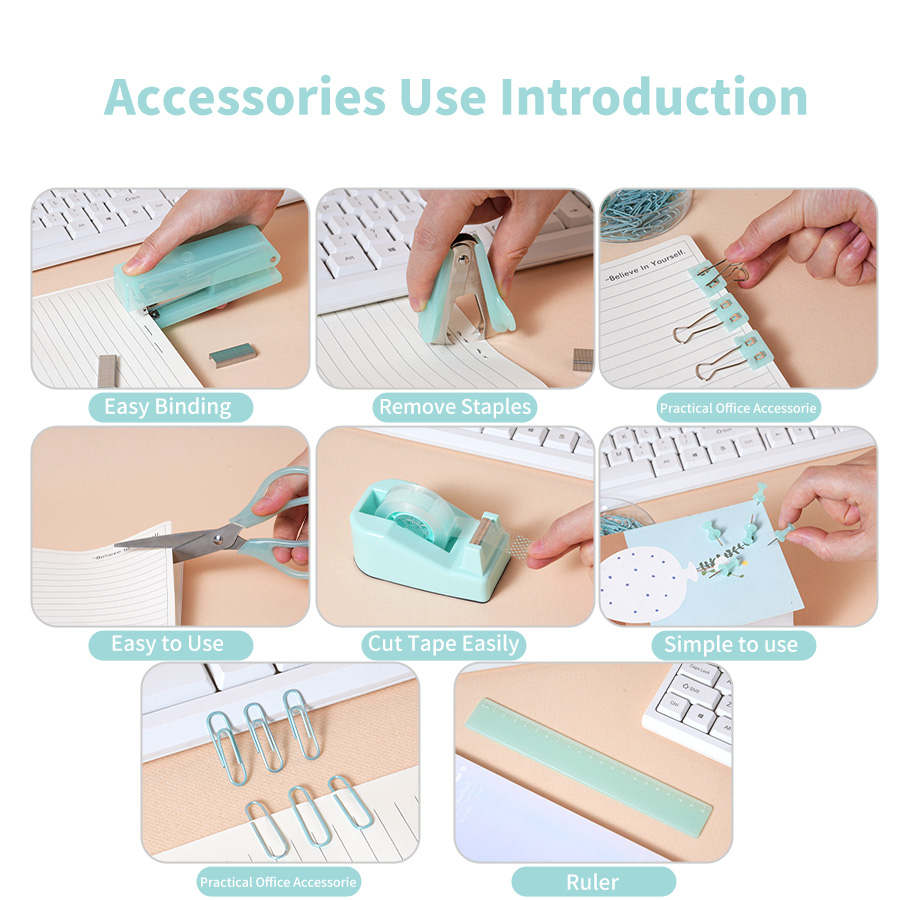 Jade-Toned Stationery Set - 5-in-1 Office Kit  Stapler, Ruler & More