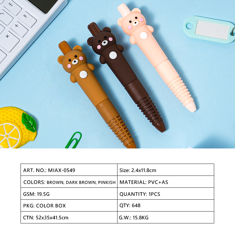 The three-color teddy bear presses the pen