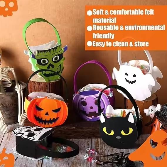 迷你南瓜鬼骷髅猫毡万圣节糖果桶儿童捣蛋或治疗桶袋