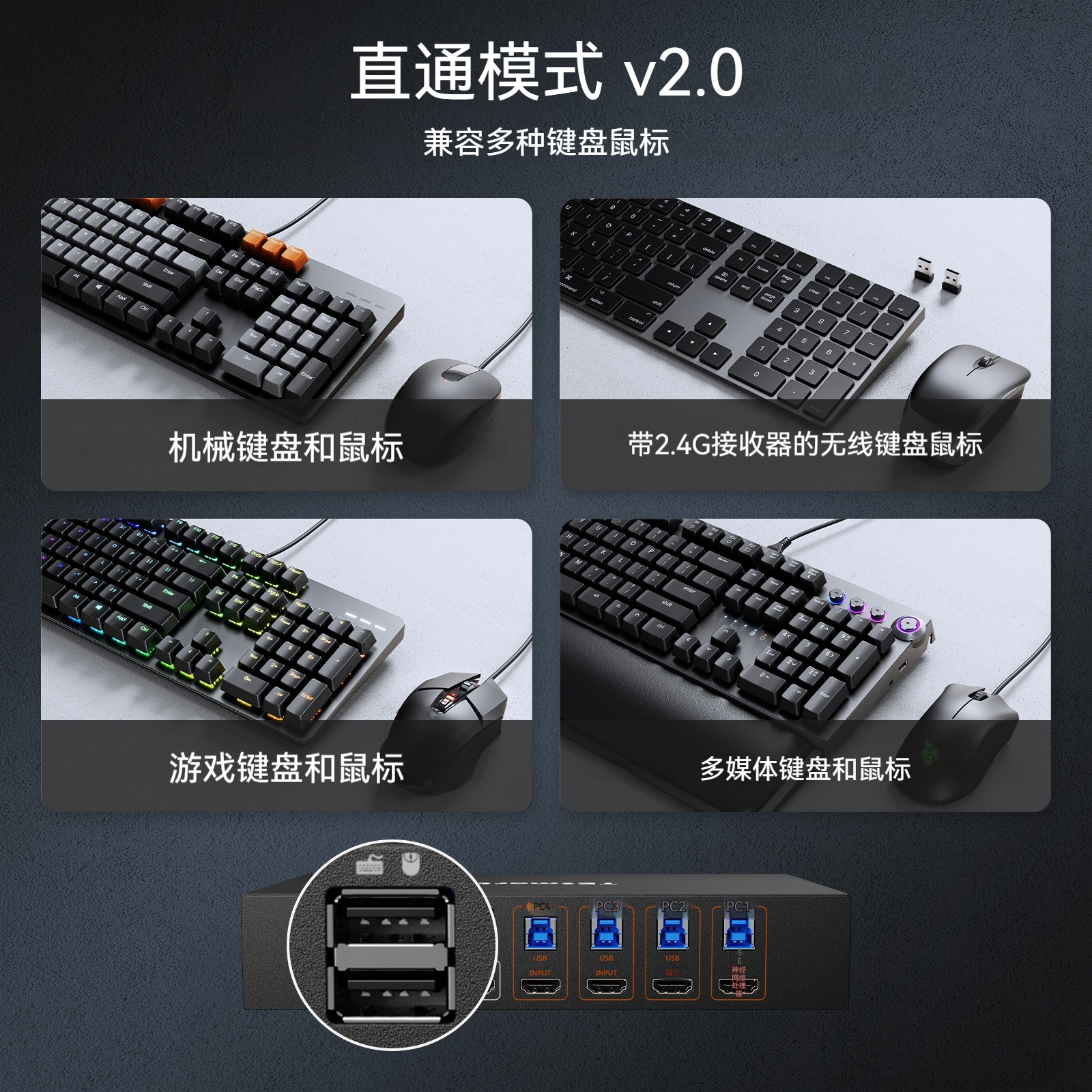 TESmart碲视8K@60hz HDMI单屏4进1出KVM切换器四台电脑共享一套键鼠显示器