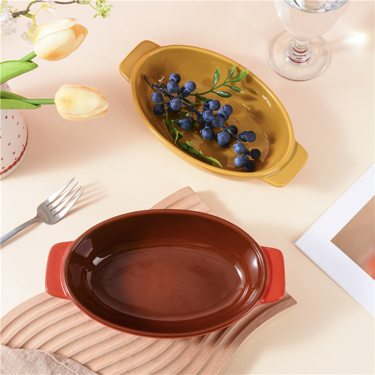 Ceramic red and yellow double-ear oval plate