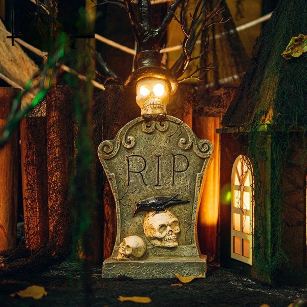 New Halloween decorative horror props: resin crow skull tombstone, glowing bar, haunted house, standing display