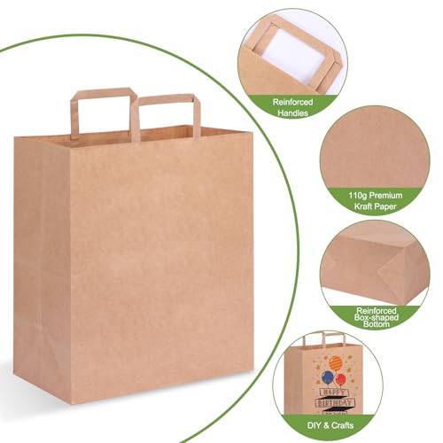 Paper Grocery Bags Brown Large Kraft Paper Bags with Handles Bulk for Grocery, Shopping, Retail, Small Business, Birthday Wedding Party Favor, Merchandise