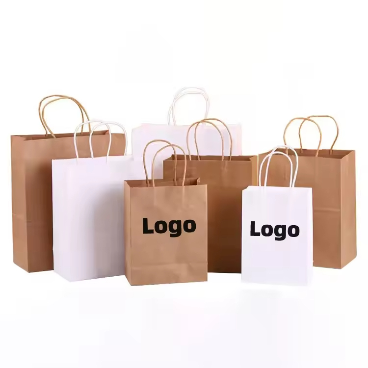Factory Wholesale Custom Printed Your Own Logo White Brown Kraft Gift Craft Shopping Paper Bag With Handles
