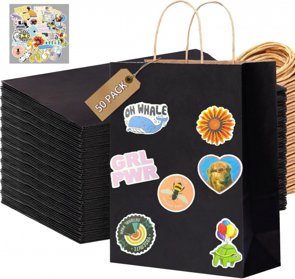 Gift Bag Bulk,Kraft Paper Bags with Handles, Shopping, Wedding, Party Favor, Merchandise, Retail, Black Paper Sacks-with 50 stylish stickers