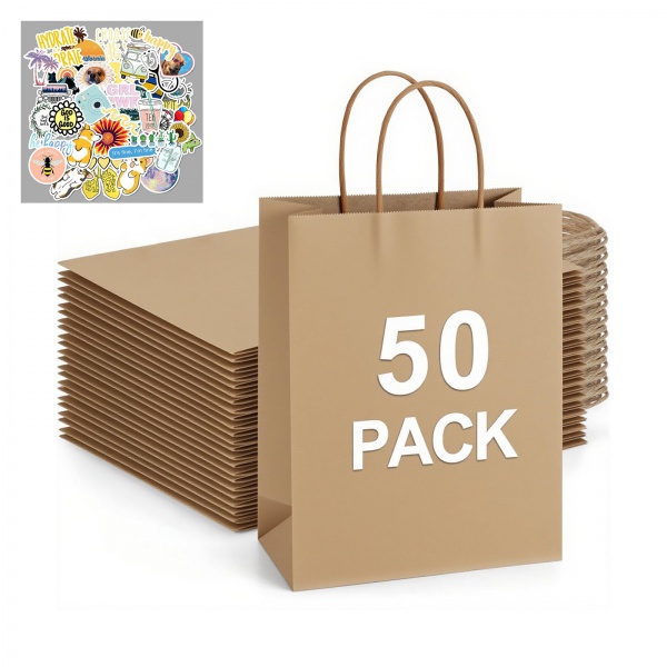Kraft Paper Bags with Handles,50 Pcs Gift Bag Bulk for Retail, Party, Shopping, Favor (Brown Kraft Paper Bags) Comes with stylish stickers