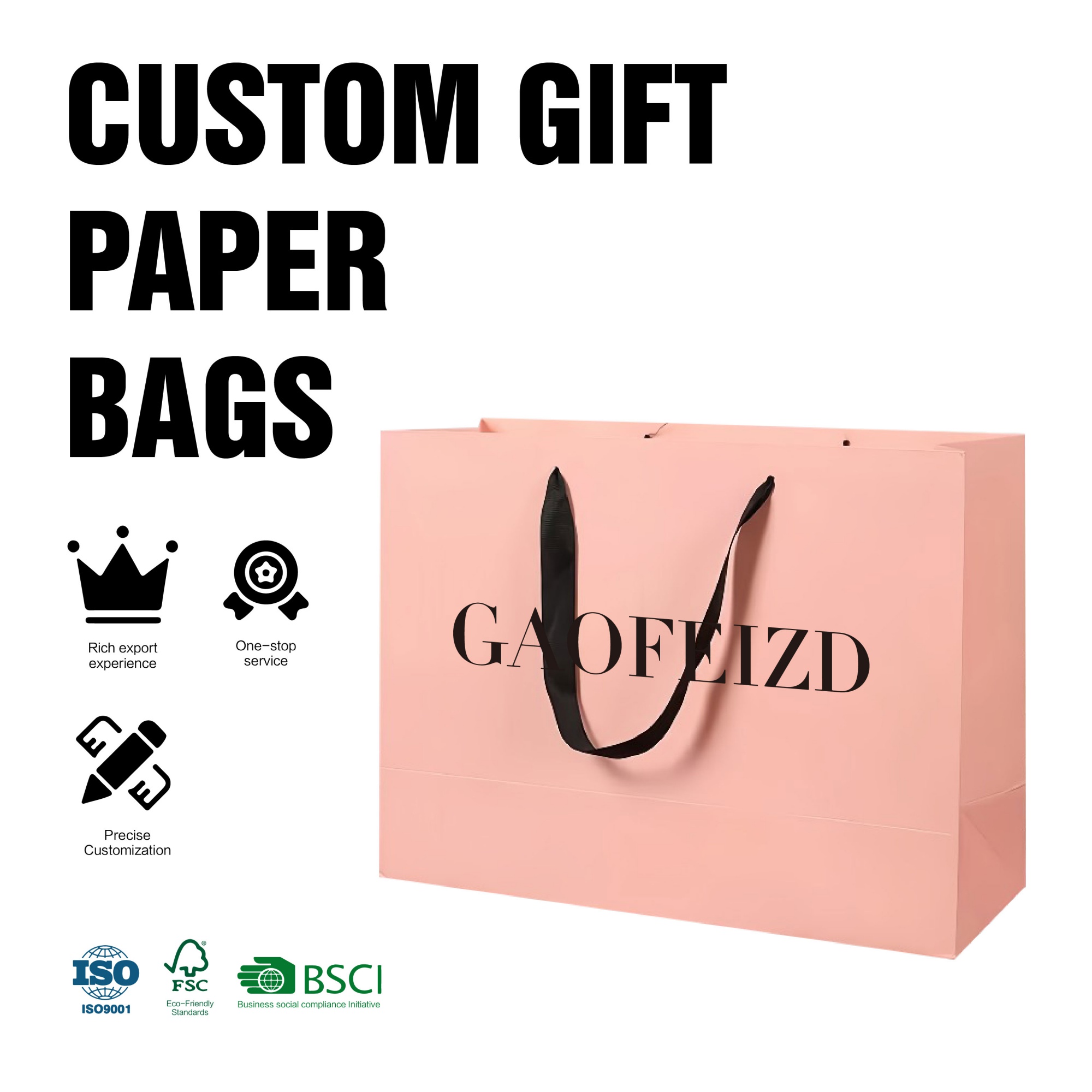 Personalized Luxury Classic Style for Jewelry Clothing Craft Custom Kraft Paper Shopping Bag with Your Own Logo