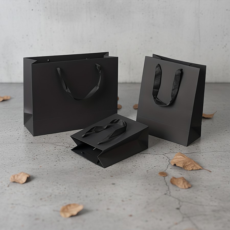Large Black Matte Laminated Paper Biodegradable Recyclable Shopping Bag for Clothing Store With Your Own Logo