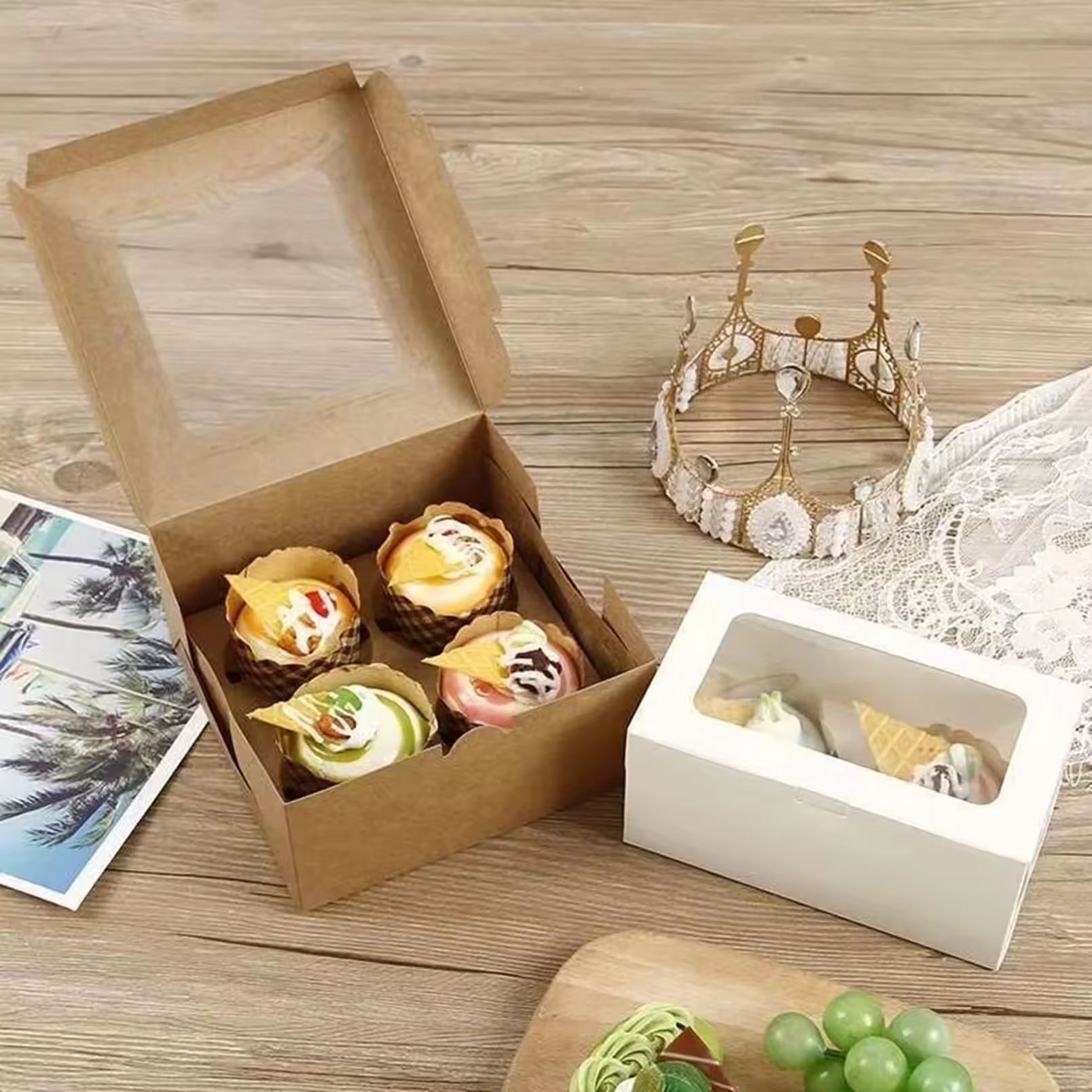 Individual 2 4 6 12 Holes Biodegradable White Paper Cup Cake Muffin Packaging Box with Window