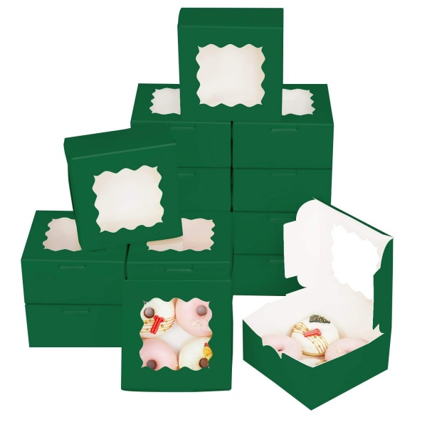 Vintage Dark Green Cake Pastry Carton Custom Bakery Cardboard Box with Window Recycled Materials for Food Storage