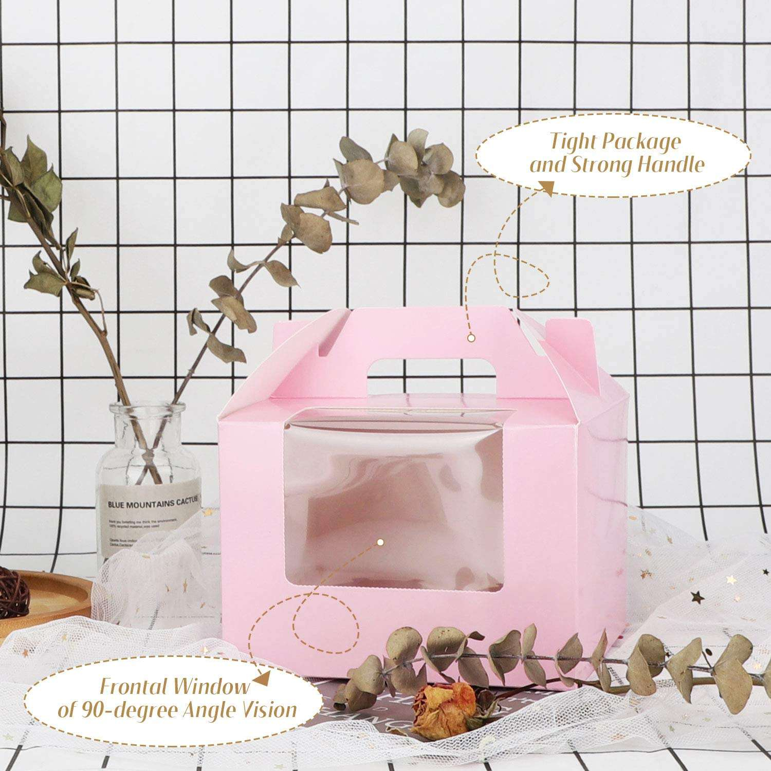Custom Cardboard Pink Cake Box with Window Recycled Glossy Laminated Materials for Baking and Food Packaging