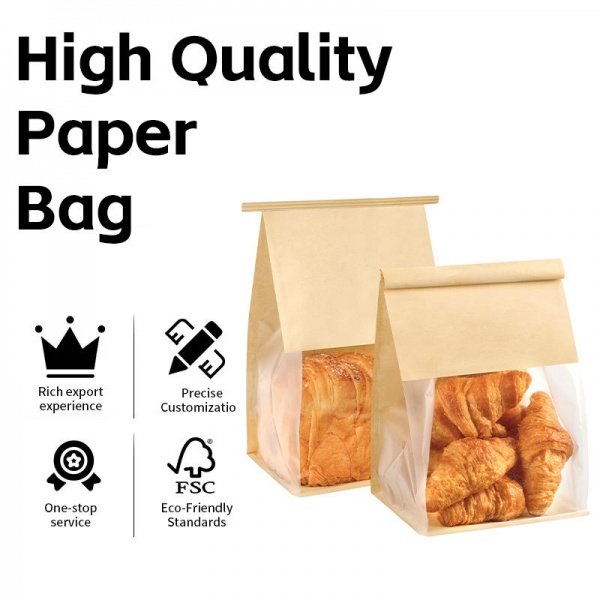 FSC Certificate Square Bottom Food Delivery Clear Window Square Kraft Paper Bag