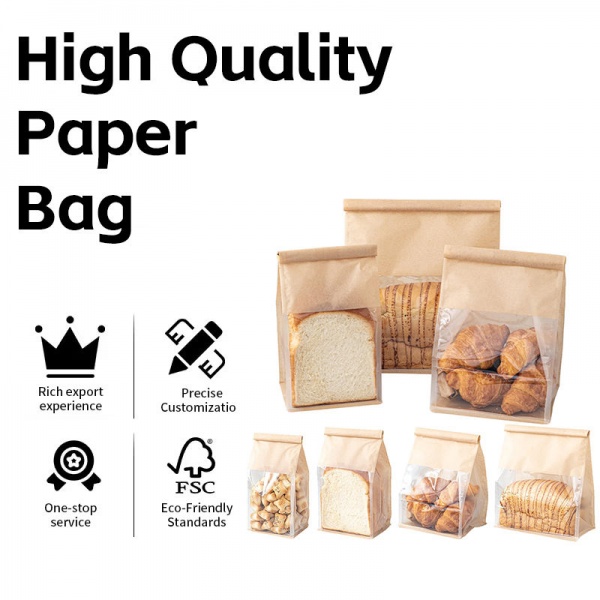 Customize Recyclable Take-Away Flat Bottom Food Grade Kraft Paper Bags Pouch with Clear Window