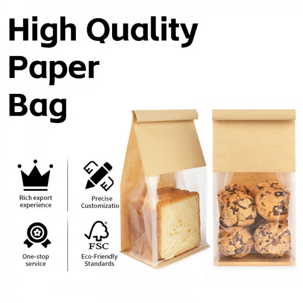 Compostable Recycled Food Bread Biscuit Custom Printed Kraft Paper Bag with Window