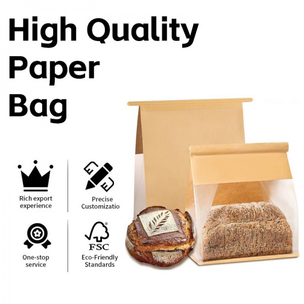 Classic Style Lamination Reusable Bread Stand Packaging Kraft Paper Bag with Clear Window