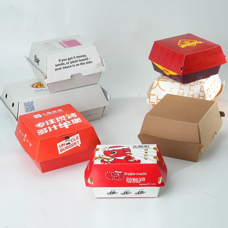 Heavy Duty Kraft Corrugated Square Box Hamburger PE Coated Lining Greaseproof Eco Friendly Stackable Pre Folded Design Fast Food