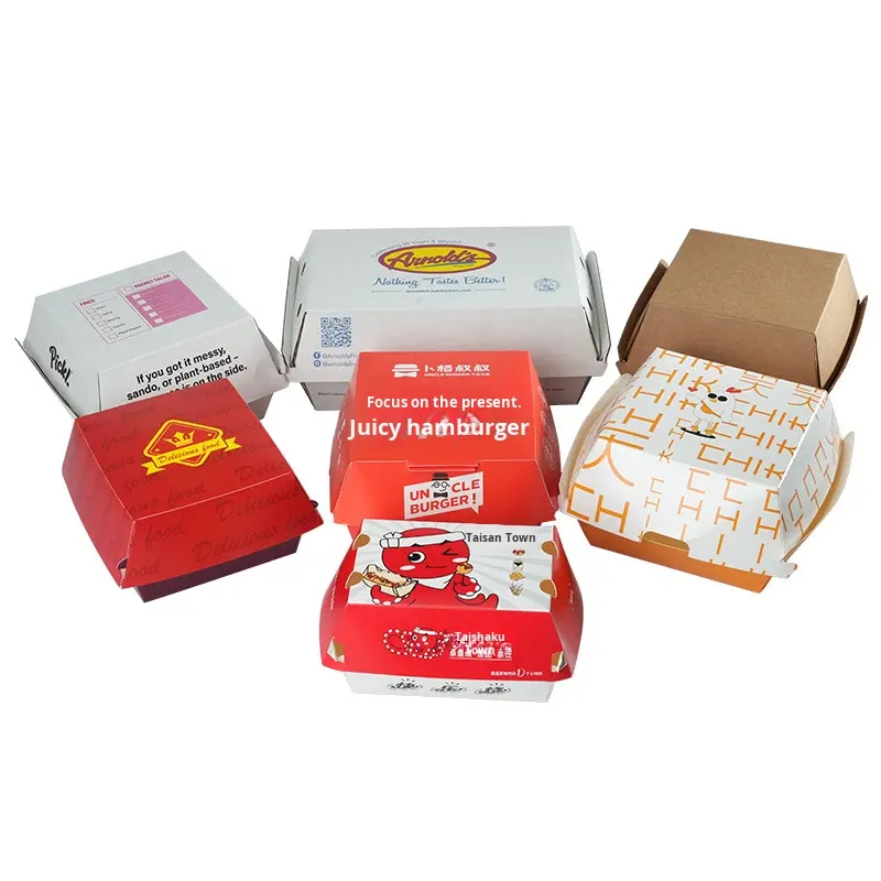 Heavy Duty Kraft Corrugated Square Box Hamburger PE Coated Lining Greaseproof Eco Friendly Stackable Pre Folded Design Fast Food