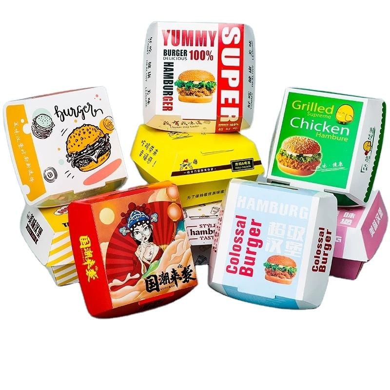 Customizable Thick Reusable Foldable Hamburger Paper Box Oil-Proof Waterproof Eco-Friendly Portable Custom Size Color Commercial