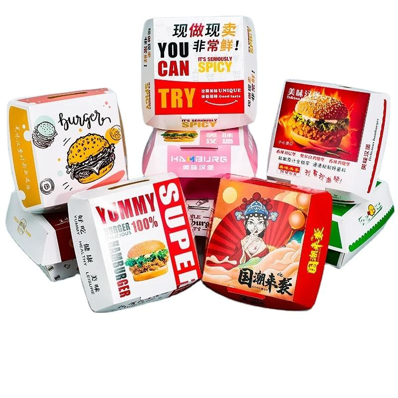 Customizable Thick Reusable Foldable Hamburger Paper Box Oil-Proof Waterproof Eco-Friendly Portable Custom Size Color Commercial