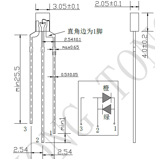 2.0*3.0*4.0方形白发绿橙双色雾状无极性三脚灯