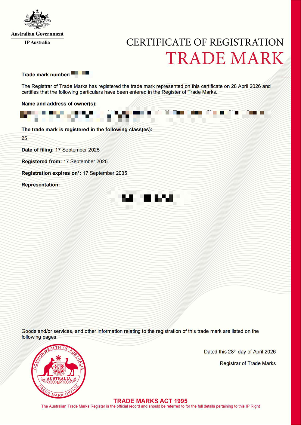 Australian Trademark Certificate