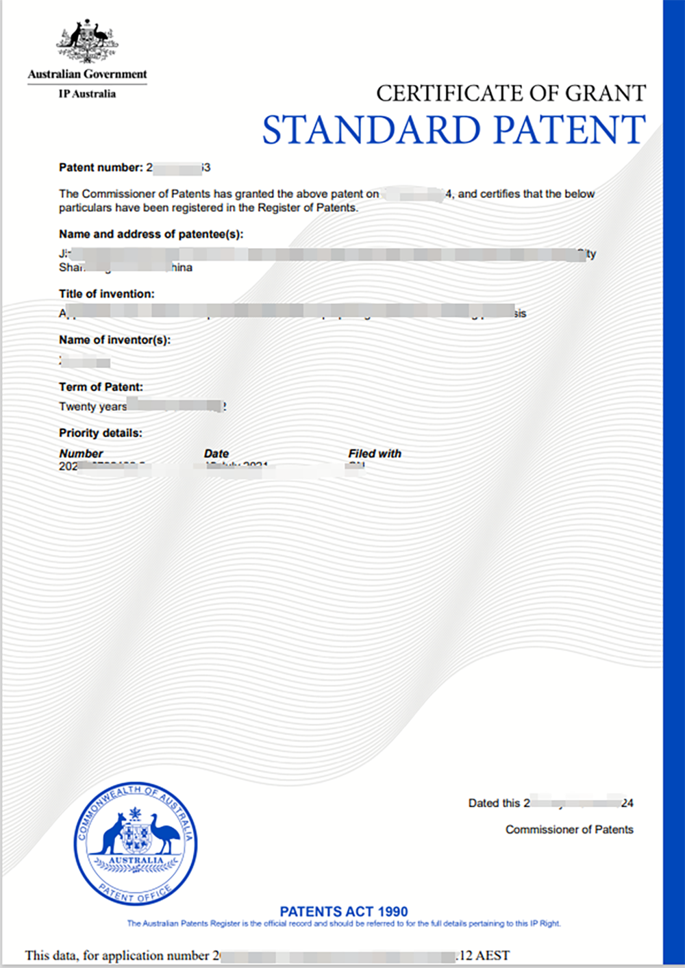 Australian Invention Certificate