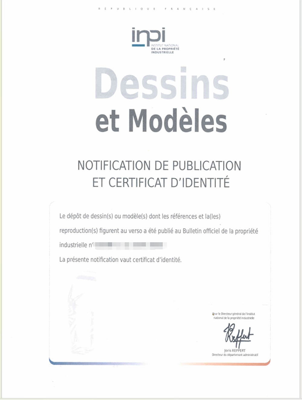 French Design Patent Certificate