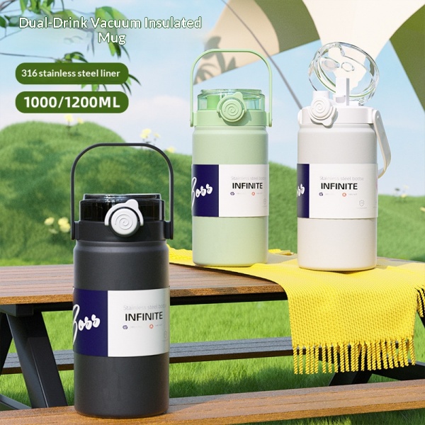 316/304 Stainless Steel Large Vacuum Flask – 1000/1200ml with Handle & Dual Lids