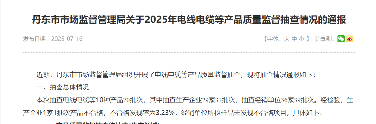 辽宁省丹东市2025年电线电缆质量监督抽查情况
